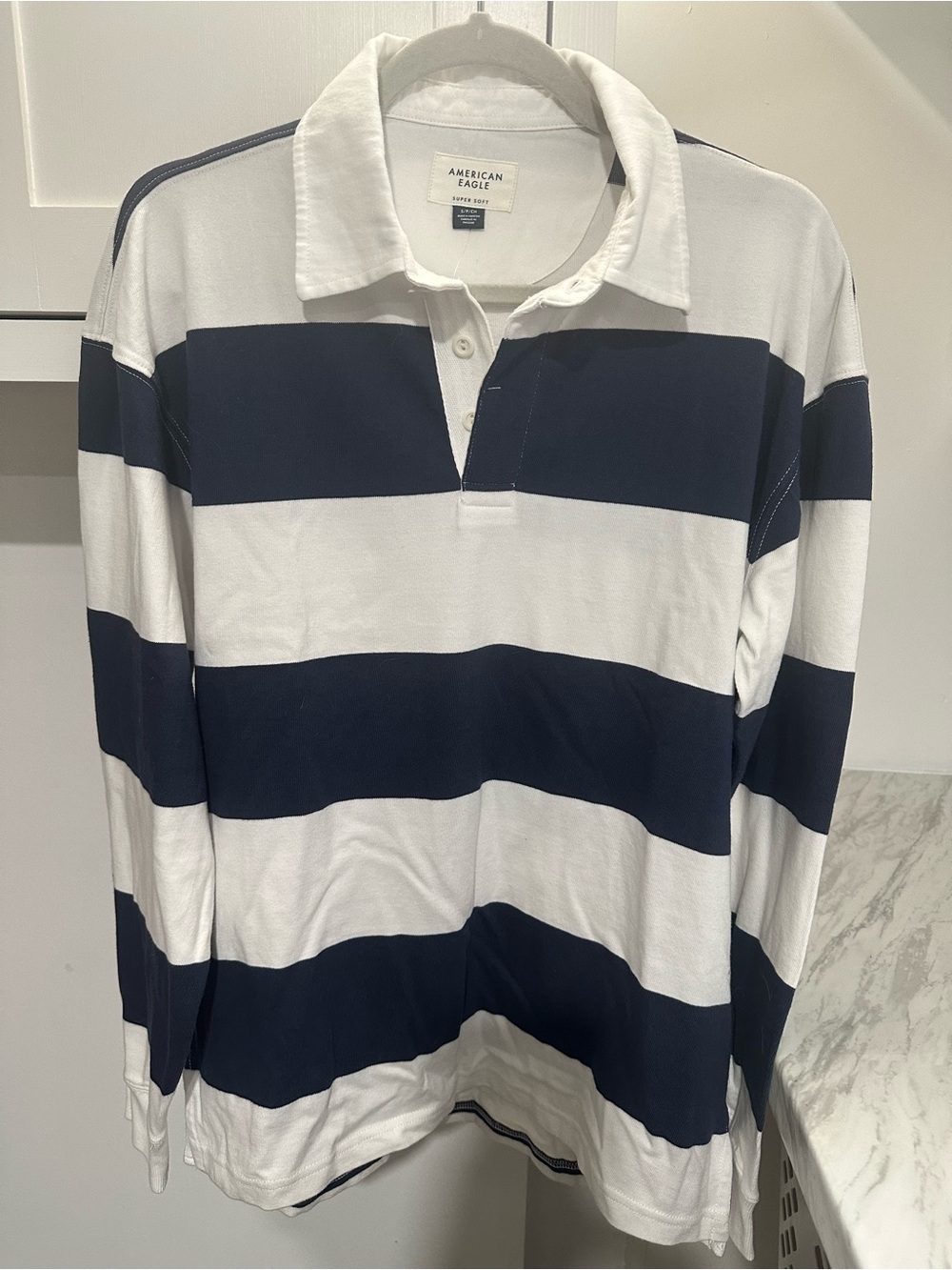 American Eagle Outfitters Navy and White Striped Rugby Polo